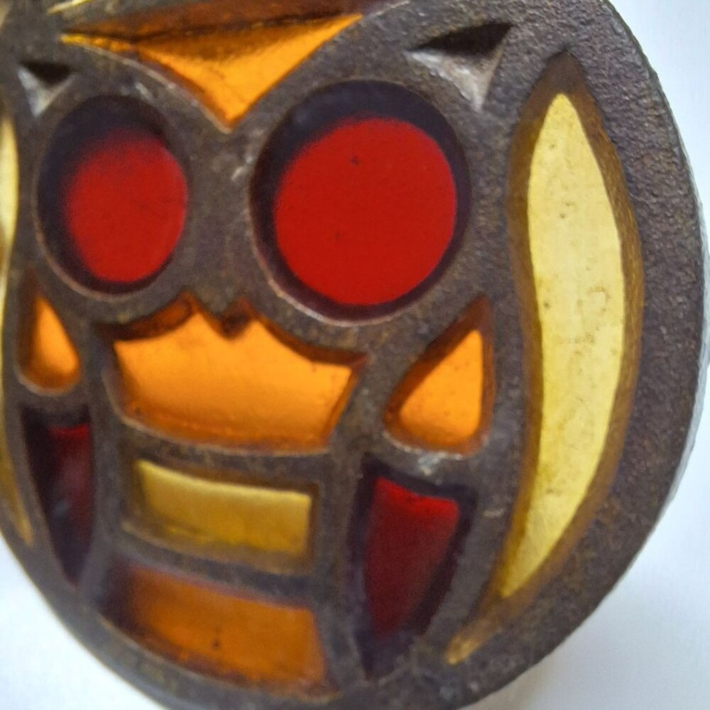 Owl Stained Glass Coaster Metal Vintage Orange Red 3.5 Inches - Picture 4 of 8